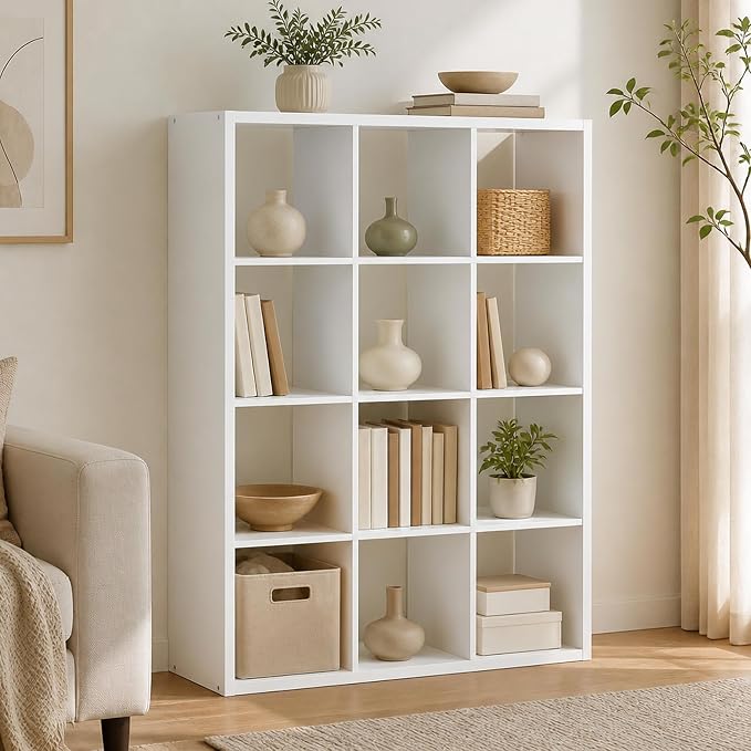12-Cube Cubicle Bookshelf, Cube Bookcase with Open Back, Reversible Book Shelf, Cube Storage Organizer, 15 x 44 x 58, for Living Room, Home Office, White