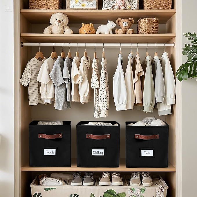 DECOMOMO Storage Bins, Storage Baskets for Shelves | 13" x 15" x 13" Storage Cube Bins with Labels for Organizing Shelves (Kallax, 4pcs, Black)