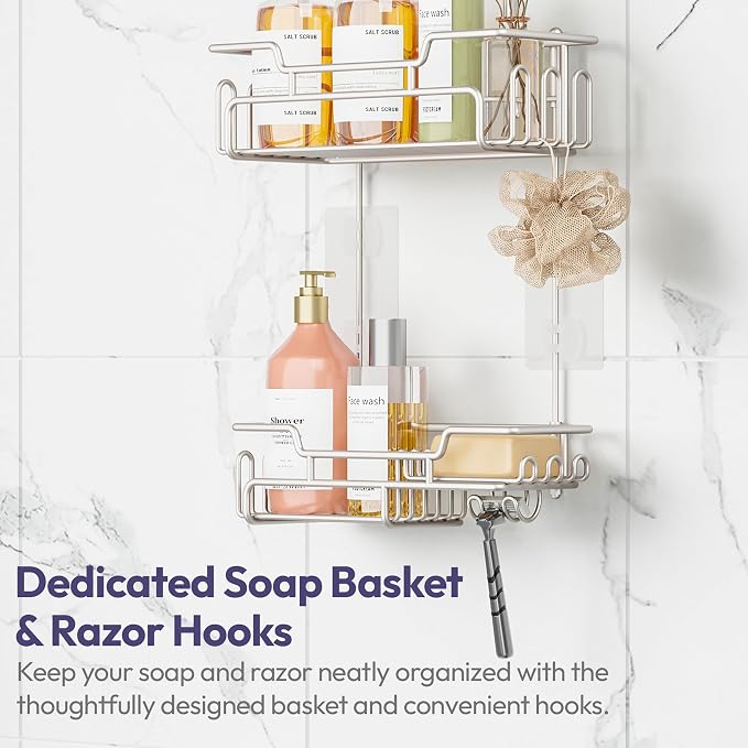 SWTYMIKI Bathroom Shower Caddy Hanging - Extended Length 2 Tier Rustproof Over Shower Head Organizer, No Drilling Bathroom Shelf with 14 Hooks & Soap Holder, Anti-Swing Rack, Sand Nickel