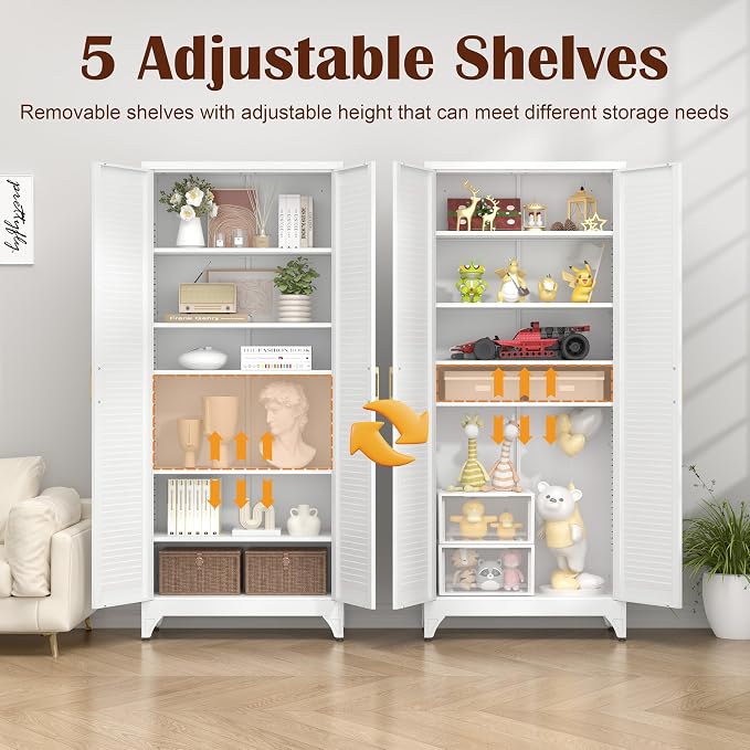 SteeLoong 75" Metal Storage Cabinet with Doors and 5 Adjustable Shelves | Kitchen Pantry Cabinet,White Tall Freestanding Cupboard with Gold Handle,Steel Garage Cabinets for Tool,Office,Kitchen,School