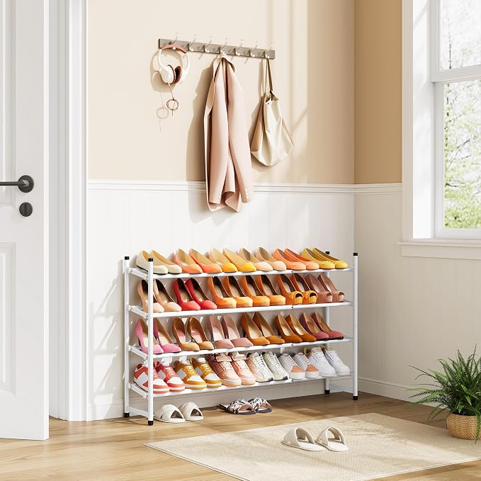 Expandable Shoe Rack for Closet 4 Tier, 29“-41“Adjustable & Stackable Shoe Shelf Storage, Metal Shoe Rack Organizer for Front Door Entrance, Closet, Garage, Entryway, White | Adjustable Shoe Organizer Closet Shoe Rack Floor, Metal Shoe Shelf Storage fo...