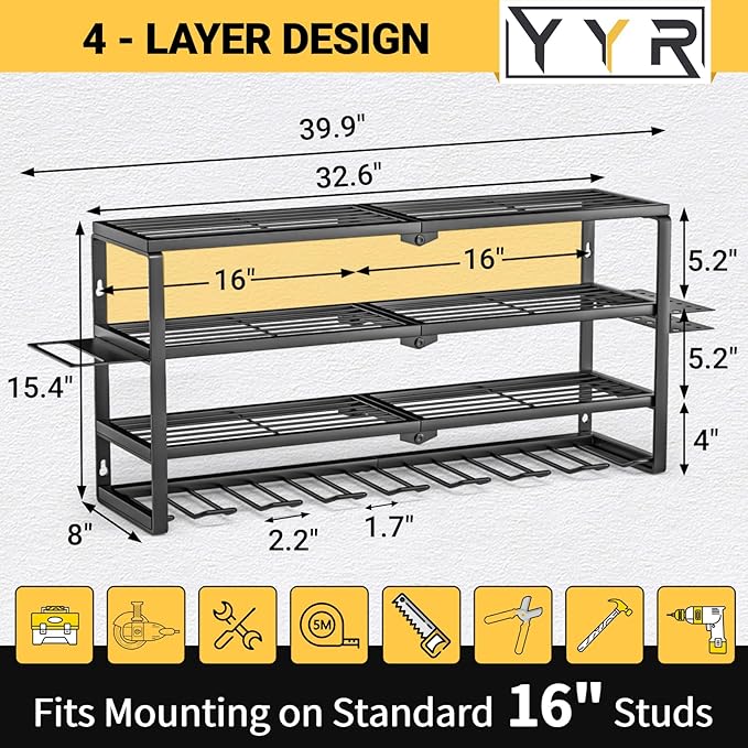 YYR 4 Layer Power Tool Organizer Wall Mount, Cordless Drill Hanger Storage Rack, Battery Tools Holder with Charging Station Shelf for Garage Organization, Workshop, Pegboard, Shed - 32 Inch 8 Slots
