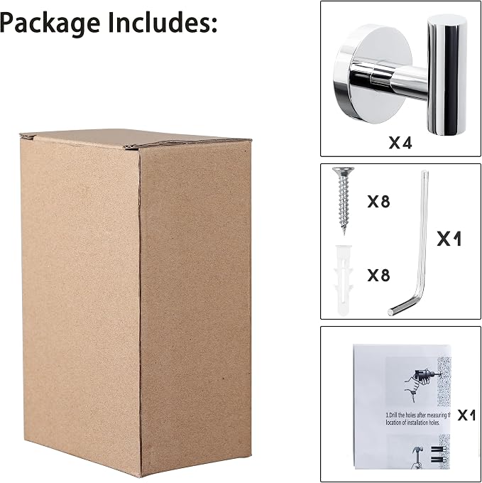 4 Pack Bath Towel Hooks, Wall Mount Towel Holder Chrome Finish Towel Rack, Heavy Duty Robe Coat Loofah Hooks for Shower, Kitchen,Hotel, Pool Tile, Brick Modern Style Decor Wall Hooks