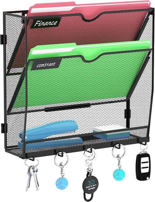 3-Tier Wall File Organizer with Hook, Hanging File Organizer Black | Wall-mounted mail storage holds papers, folders, files, clipboards and magazines, assembly required for office or home use.