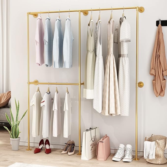 DR.IRON Industrial Pipe Gold Clothing Racks with Double Bar, Industrial Pipe Clothes Racks Wall Mounted, Heavy Duty Gold Closet Rods for Hanging Clothes Organizer Storage