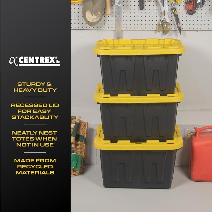 CX Heavy Duty 12-Gallon Stackable Plastic Storage Bins with Lids, 6 Pack | Storage totes for garage organization, Stackable containers, weather-resistant, snap lid, 12.5H x 16.3W x 21.8D, Black/Yellow