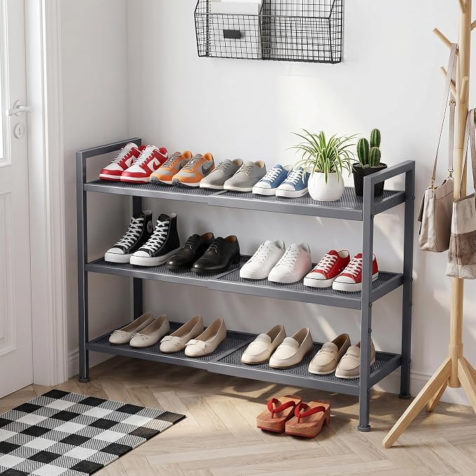 Shoe Rack, Expandable Shoe Rack for Closet, Adjustable Shoe Organizer for Entryway, Shoe Storage Organizer for Door Entrance, Garage, Bedroom (Grey, 3-Tier)
