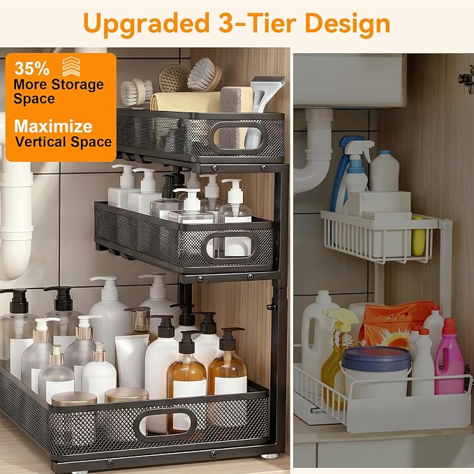 3 Tier Adjustable Under Sink Organizer for Bathroom & Kitchen(2Pack, Black) | 35% More Storage, 5 Adjustable Heights, Sliding Pull Out,No Sliding, Heavy-Duty Steel Frame, Multi-Purpose Cabinet Organizer
