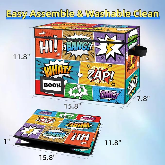 10 Pack Comic Book Storage Box, 15.8" X 7.8" X 11.8", Heavy Duty Collapsible Holds 160-180 Comic Book Bin Container Holder Shelf(Cartoon Colorful)
