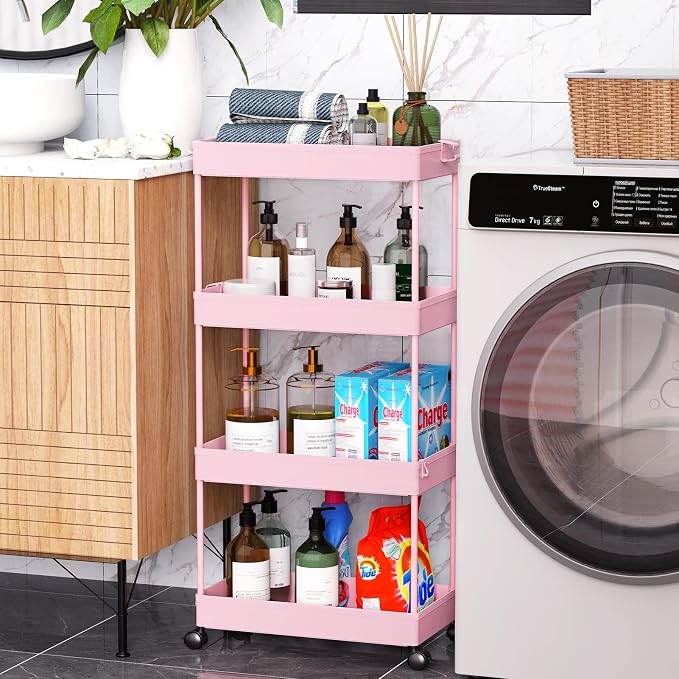 SPACEKEEPER 4 Tier Rolling Cart, Bathroom Cart Organizer with Wheels, Pink | Mobile Storage Cart for Laundry Room Organization,Kitchen,Office,Bathroom, Utility Cart for Snack,Craft,Art,Makeup,Nail,Toys