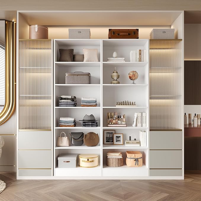 VOWNER 50'' Closet Organizer System with 10 Adjustable Shelves | Modular Closet Open Shelving 15" Deep Wooden Closet Systems Tower Storage Shelves Units Freestanding Wardrobe Shelves
