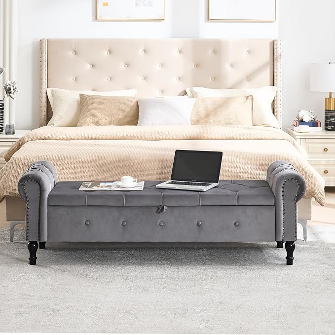 Storage Bench 67" Velvet End of Bed Benches Dark Grey | King Size Storage Bench for Bedroom with Rolled Arms Tufted Ottoman Benches Upholstered Bench for Living Room Entryway