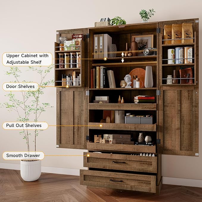 71" Tall Farmhouse Kitchen Pantry Cabinet with 3 Pull Out Shelves & 2 Large Drawers, Pantry Storage Cabinet with 6 Door Shelf & Adjustable Shelf, Freestanding Cupboard for Kitchen, Dining Room