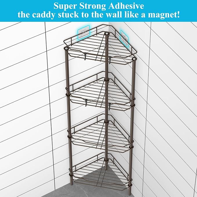 HuggieGems 4 Tier Floor Standing Corner Shower Caddy Organizer Shelf with Hooks, Bathroom Shelves Stand Rack, Bronze