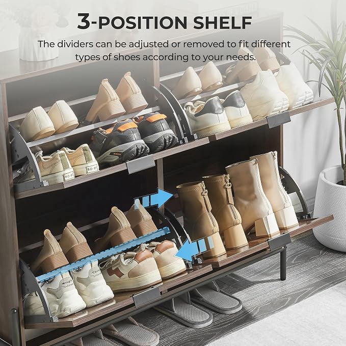 Shoe Cabinet with 4 Flip Drawers, Narrow Entryway Rack, Brown | Slanted Wood Grain, Freestanding, Adjustable Compartments, Removable Middle Shelf, Metal Handles, for Hallway Foyer Entrance