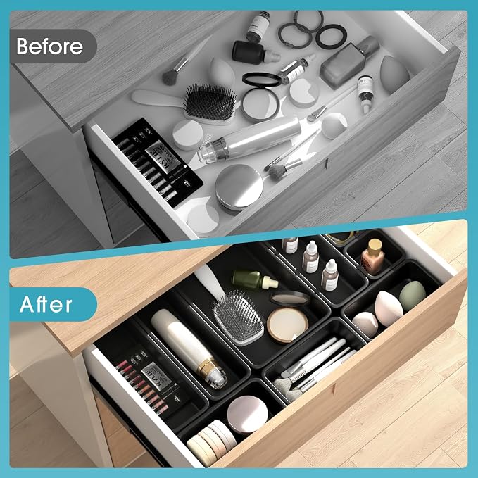StoreHappily 10 PCS Drawer Organizer Set, 4 Size Makeup Drawer Divider Organizer With Non-Slip Pads, Interlocking Plastic Storage Bins for Office,Jewelry Vanity,Gadgets, Bathroom,Kitchen, Black