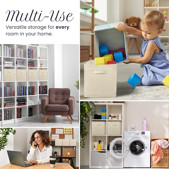 Reli. 11 Inch Cube Storage Bins (4 Pack) | Cube Organizer Bins | Collapsible, Foldable Fabric Cubby Box (Square) | 11x11 Fabric Storage Boxes | Kids Room Organization (Beige)