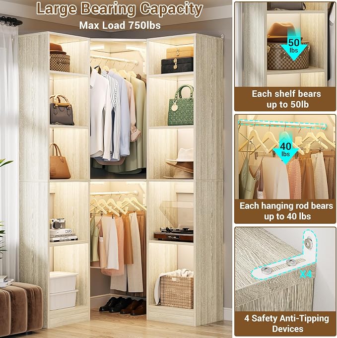 Besiost Corner Closet System with 12 Shelves, 39.2" Corner Organizer | L Shaped Closet with 2 Hanging Rods, Versatile 6-Tier Walk-in Closets for Corner Space, White Oak (39.2" L x 39.2" W x 80" H)