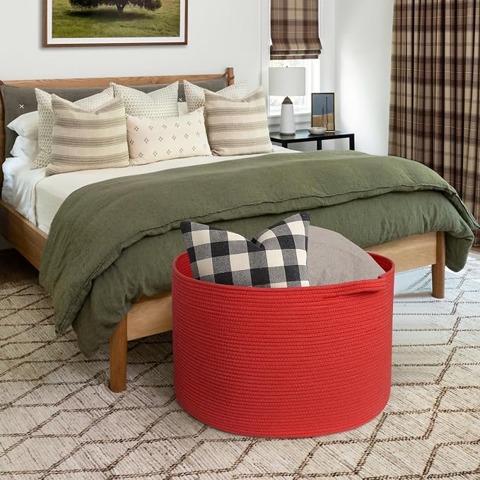 115L Extra Large Red Basket for Organizing, 23.6"x15.7" Jumbo Woven Cotton Rope Bins for Blankets, Baby Nursery Laundry Basket, Kids Dog Toy Storage Box, Huge Red Living Room Decor Organizer