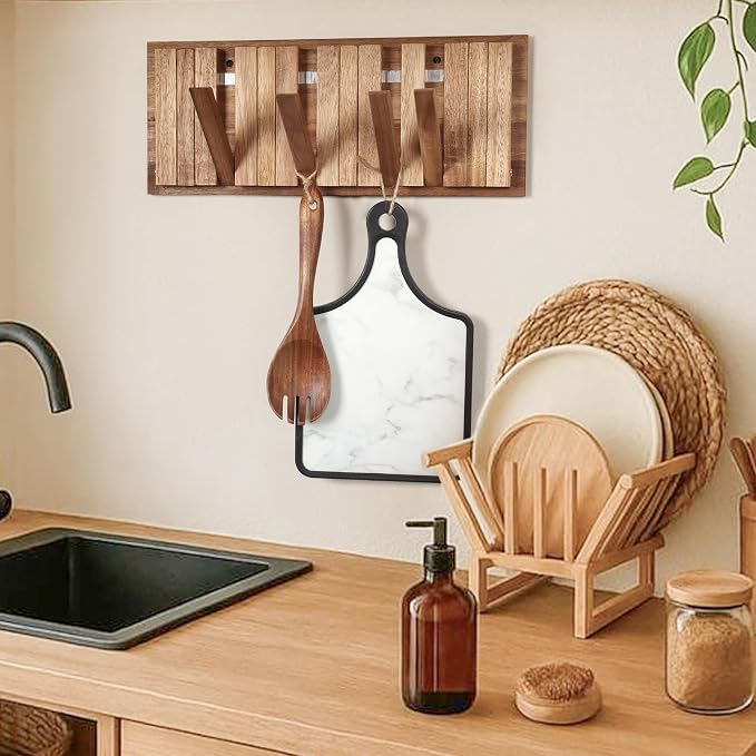 Wall Coat Rack for Entryway: Folding Wood Rustic 8 Hooks | 16.5inch Piano Hanger for Small Space Bathroom Hallway for Towel Backpack Jacket - Farmhouse Design Decor (Neat Style)