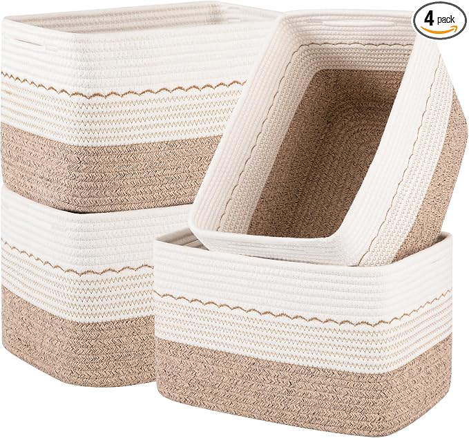 OIASKET 4 Pack Storage Baskets for Organizing, 13"X9"X7.87", Decorative Cotton Rope Baskets for Shelves, Small Woven Basket for Toys, Books and Towels, Brown & White