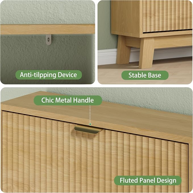 Xixini Shoe Cabinet with 3 Flip Drawers, 54" Tall Narrow Fluted Shoe Storage Organizer for Entryway, Hidden Slim Wooden Shoe Rack Cabinet for Front Door Entrance, Hallway, Living Room, Natural Oak