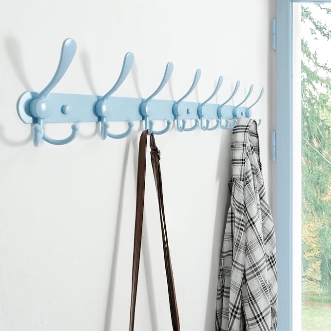 Dseap Coat Rack Wall Mount - 29.5” Long 8-Tri-Hooks Heavy Duty Coat Hanger Rail Wall Hooks for Hanging Coats Hats Clothing Clothes Purse Mudroom Entryway, Blue