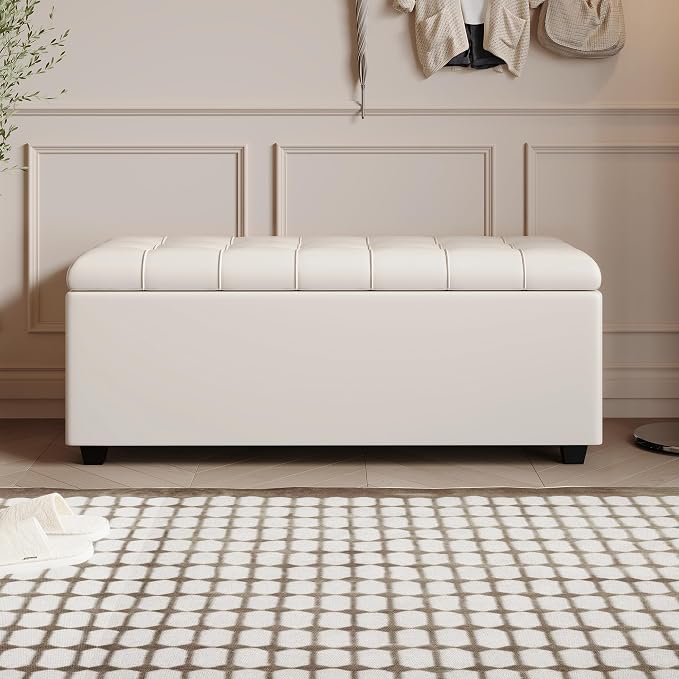 38" White Faux Leather Storage Ottoman Footrest Bench | Solid wood frame bench, 4-leg easy assembly. Use as end-of-bed, footrest, entryway seat. Hinged hidden storage, multi-use.