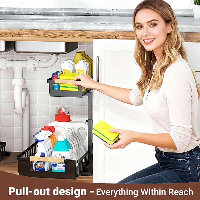 4 Pack L-Shape Under Sink Organizer, 2 Tier Pull Out Cabinet Organizer with 5-Level Adjustable Height, Double Sliding Metal Storage Rack for Kitchen Bathroom Pantry, Black