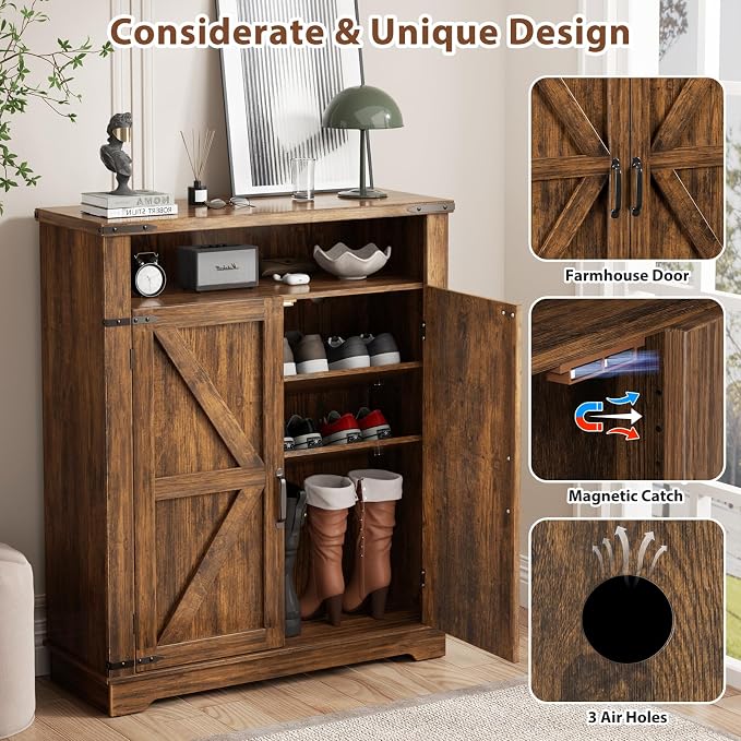 ALLSTAND 6-Tier Shoe Cabinet with Doors, Entryway Shoe Rack Wooden Shoe Storage Cabinet with Adjustable Shelves & Anti-tip Fitting, Farmhouse Shoe Cabinet Storage for Entryway, Living Room, Closet