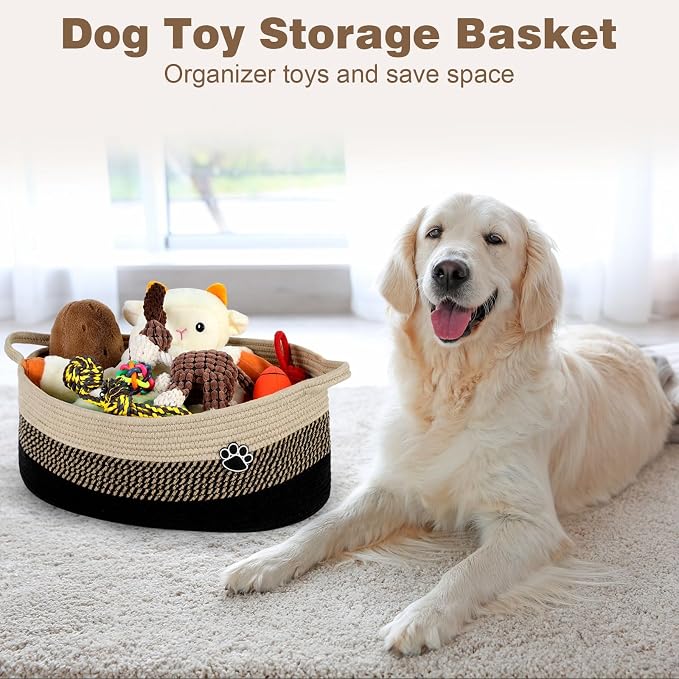 Optish Dog Toy Basket, 30L Toy Box and Bin for Dog Cat Storage, 19.7" X 11" X 7.9" Large Woven Rope Basket for Blanket Storage, Living Room, Bedroom, Black & Brown