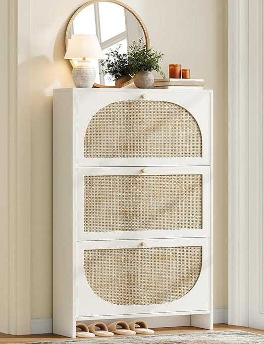 Nicetree Shoe Cabinet Storage for Entryway Slim 9.5" Freestanding Floor Base Shoe Storage Cabinet, 3 Flip Drawers with 3-Position Adjustable Divider, Holds 16-36Pairs, Bright White
