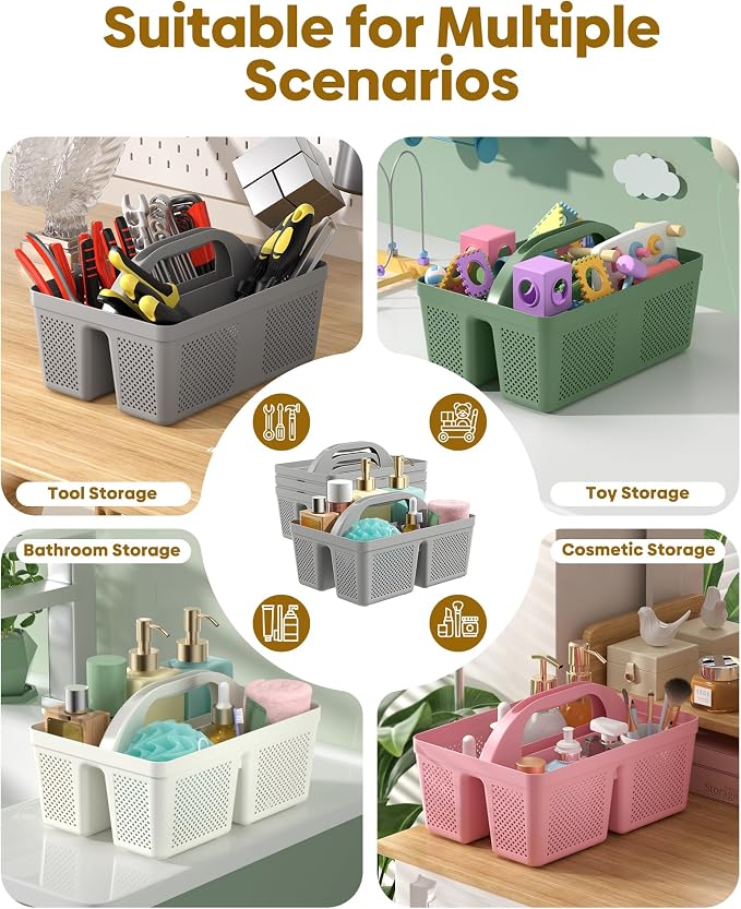 4 Pack Portable Shower Caddy, Integrated Handle, Reinforced Plastic, Organizer Storage Bathroom Supplies and Beauty Products, Cleaning Supplies, Shower Basket for Home, Dorm, Shelf and Cabinet