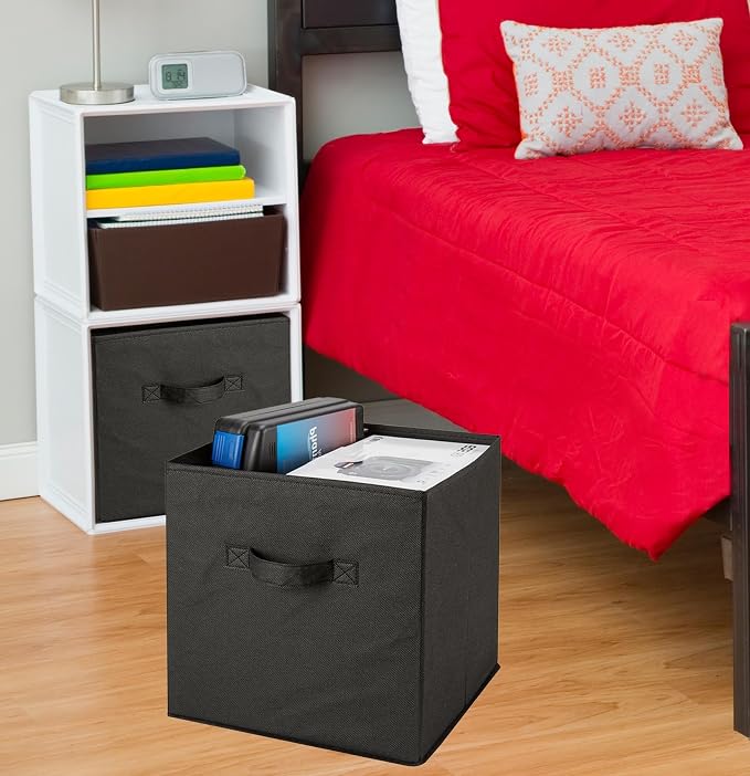 Handy Laundry Foldable Cube Storage Bins - 6 Pack - Decorative Fabric Storage Cubes are Collapsible & Great Organizer for Shelf, Closet or Underbed. Convenient for Clothes or Kids Toy Storage (Black)