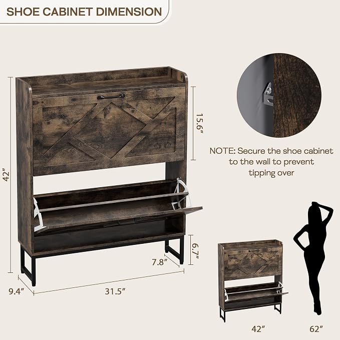 Nicetree Shoe Cabinet with 2 Flip Drawers, Entryway Organizer, Chestnut | Slim Wood Shoe Rack with Metal Legs, Farmhouse Shoe Cabinet Storage for Entryway, Foyer, Hallway, Shoe Dresser with Hook