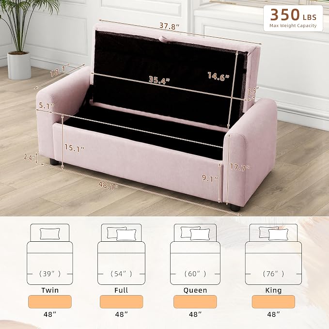 48" Ottoman with Storage, Tufted Storage Ottoman Bench, Convenient Living Room Fabrics Bench Seat, Entryway Shoe Benches with Inner Zipper & Arm, Rivetless Upholstered Window Seat Ottomans, Pink