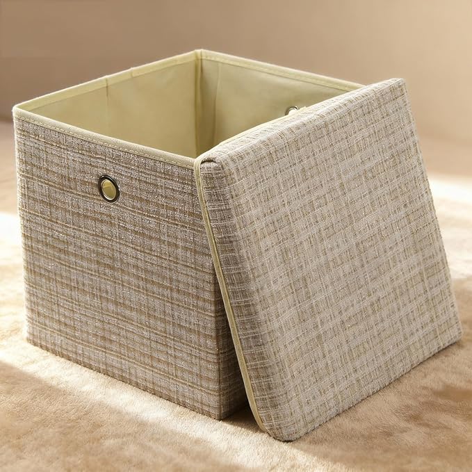 modscape 12x12x12 Collapsible Fabric Cube Storage Bins with Lids | Clothes storage bins for shelves, closet, bedroom. Decorative boxes with lids, treasure box for classroom(Shining Beige, 4)