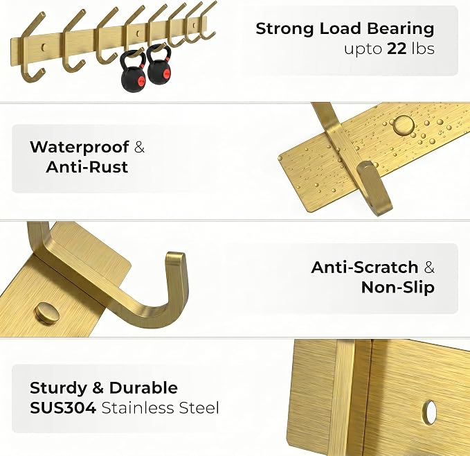 Brushed Gold Wall Mounted Coat Rack – 24 Inch Stainless Steel Rail with 8 Double Coat Hooks for Entryway, Bathroom, Bedroom, Kitchen – Modern Gold Hook Rack for Coats, Hats, Towels