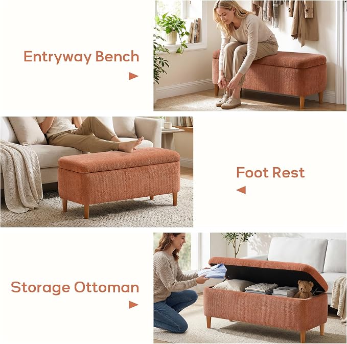 39.4" Ottoman with Storage Upholstered Storage Bench for Living Room | Modern Fabric End of Bed Bench Footstool with Wooden Legs Ottoman Bench for Window Hallway Entryway Bedroom Orange