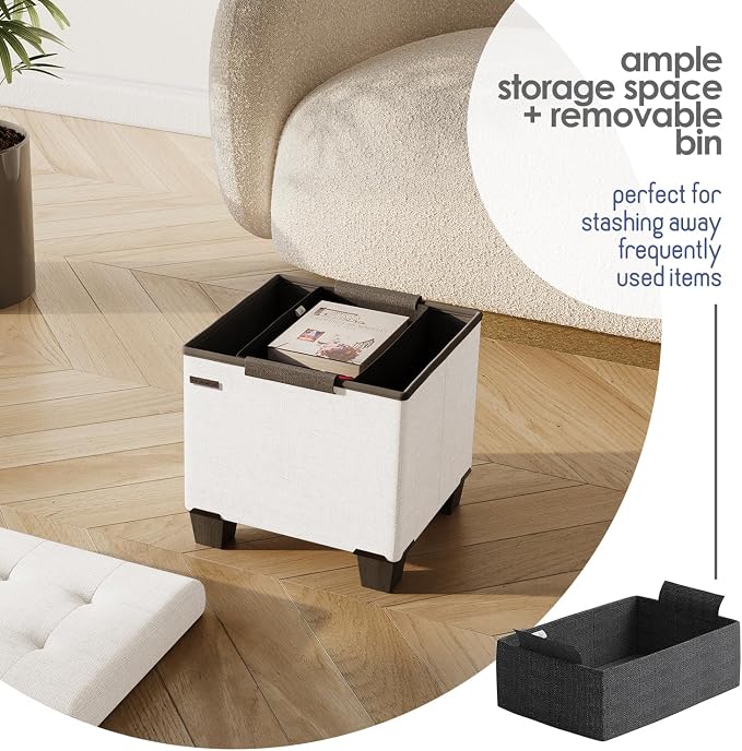 Storage Ottoman Cube with Small Bin, 15-in Square Ottoman with Storage for Living Room and Bedroom, Small Ottomans Foot Rest, Fabric Foot Stools Ottomans Max 330lbs, Cream