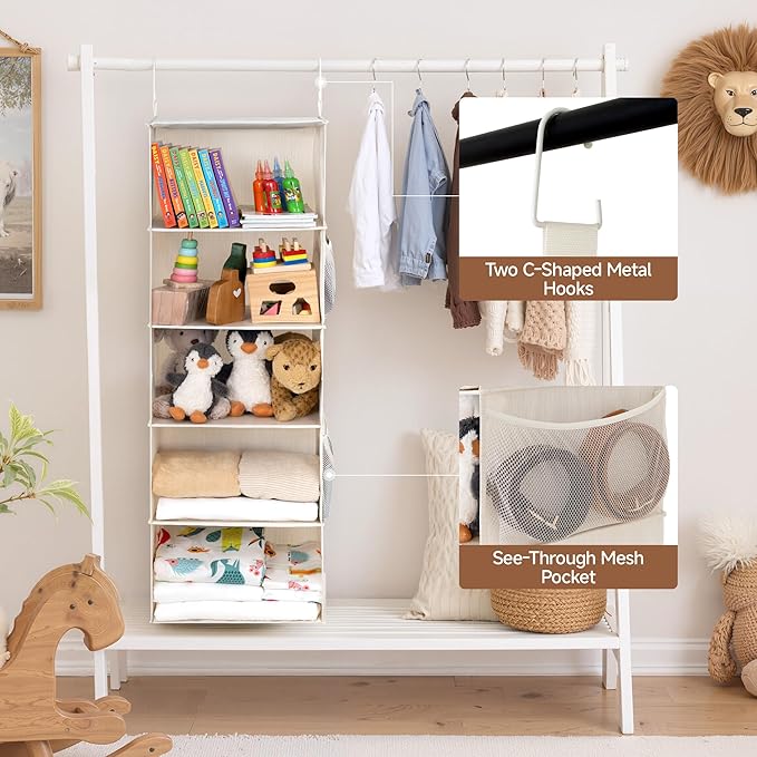StorageWorks Hanging Closet Organizer, 5-Shelf Hanging Shelves with 2 Hooks, Foldable Space-Saving Design, Closet Organizers and Storage for Bedroom, Dorm, Locker, White & Ivory