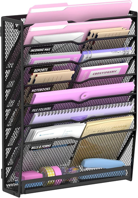8-Tier Wall File Organizer with Base, Wall Mounted File Holder | Vertical Hanging File Organizer with Open Compartments and Label Holders for Mail, Folders and Paperwork at Home or Work