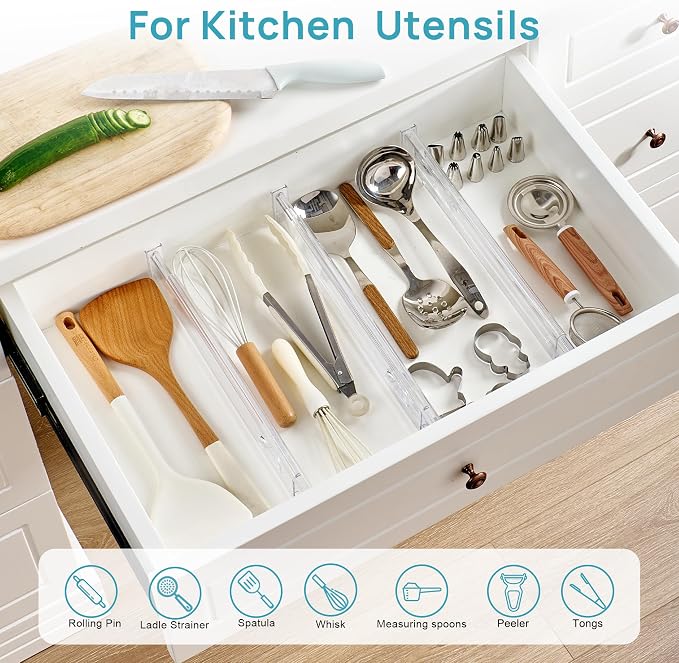 Vtopmart 8 Pack 2.36" Short Upgrade Drawer Dividers for Kitchen Drawer, 12.8"-22.3" Expandable Kitchen Drawer Organizer, Clear Plastic Organizer Separator for Flatware, Utensil, Cutlery, Underwear