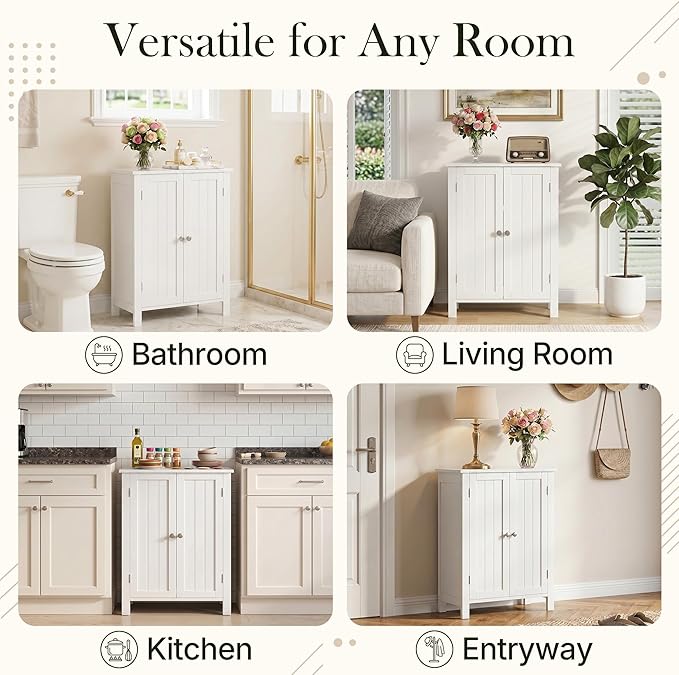 SUPER DEAL Modern Bathroom Floor Storage Cabinet with Adjustable Shelf and Double Door Rust Proof, Living Room Modern Home Furniture Storage Organizer Cabinet
