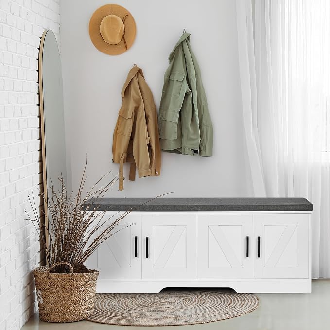 HOMSHO Farmhouse Shoe Storage Bench with 4 Barn Doors & Padded Seat Cushion | 47.2" Wide Entryway Bench with Adjustable Shelves & Hidden Storage, White