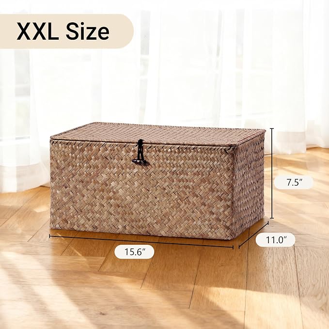 Nonam Seagrass Storage Large Basket with Lid,Wicker Basket Storage Bin with Lid for Shelves,Boho Decor,Handwoven Shelf Basket for Organizing-Storage Container Box for Home Organization-Coffee