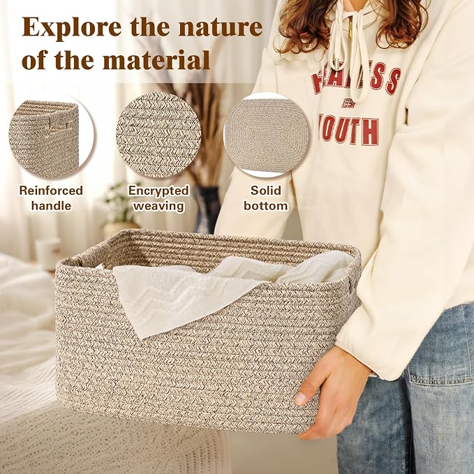 2 Pack Large Storage Basket for Organizing, 17.5"x13"x7" Woven Basket for Shelves, Closet Cube Storage Bins with Wrapped Handle, Cotton Rope Baskets for Kitchen, Clothes, Toys (Natural)