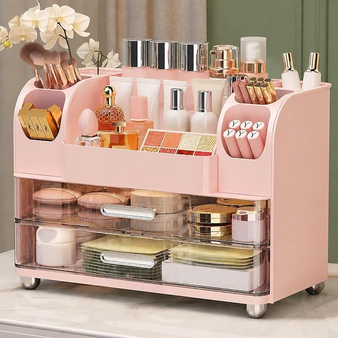 Large Makeup Organizer for Vanity - Perfume Cosmetic Display Cases | Skincare Organizers with 2 Drawers for Bathroom Dresser Desk, Easy to Store Brush Eyeshadow Lipstick Beauty Supplies, Pink