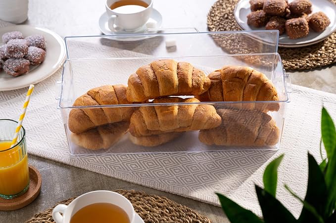 Pikanty Bread Box for Kitchen Countertop - 16 Inch Clear Plastic Storage Container with Hinged Lid, Keeps Loaves, Bagels, Buns, Rolls, Cookies and Crackers Fresh, Dishwasher Safe, Made in USA