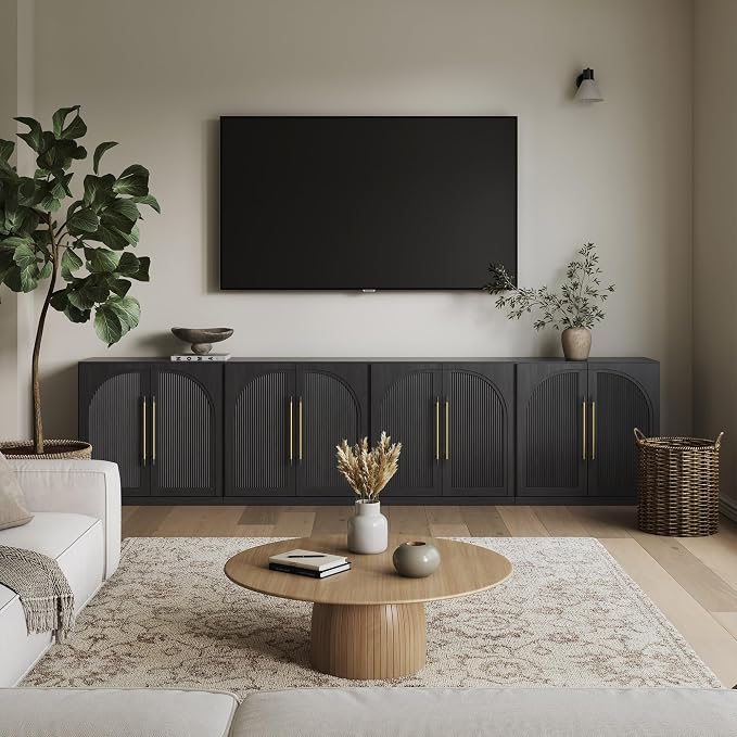Belleze 4-Piece Modular TV Stand Set -Fluted Entertainment Center with Double-Arc Door,Modern Sideboards With Storage and Adjustable Shelves,Classic Media Console Table Cabinet For Living Room (Ebony)